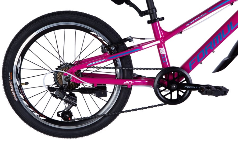 Bicicletă roz cu roți și transmisie Shimano.