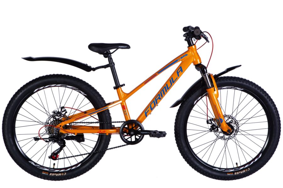 Bicicletă mountain bike portocalie cu roți groase.