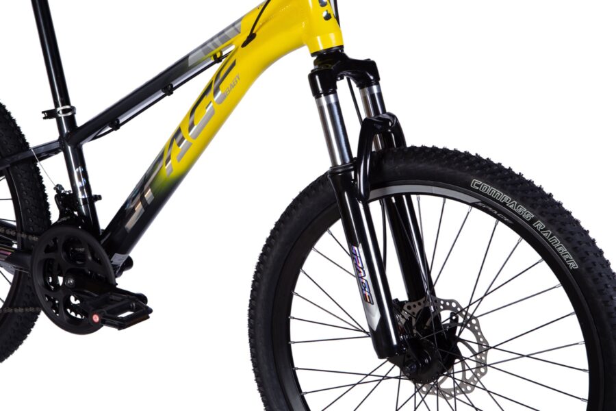 Bicicletă montană cu cadru galben și negru