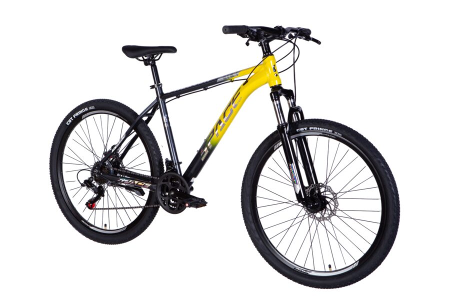 Bicicletă montană cu cadru galben și negru.