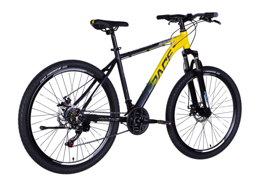 Bicicletă montană cu cadru galben și negru