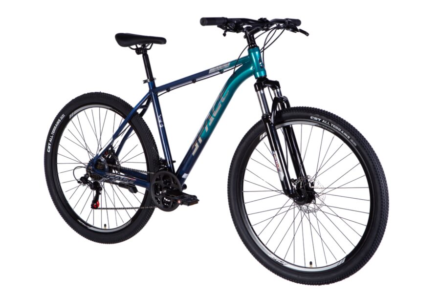 Bicicletă mountain bike modernă, culoare albastru-verde.