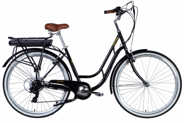 Bicicletă retro electrică cu cadru negru și scaun maro.