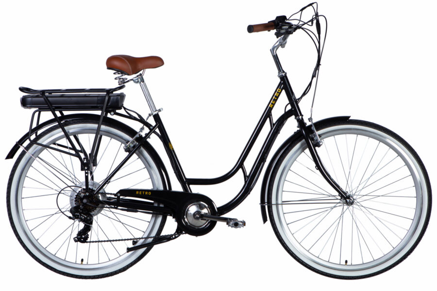 Bicicletă electrică retro, cadru negru, șa maro.