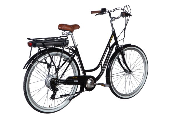 Bicicletă electrică retro neagră cu portbagaj spate