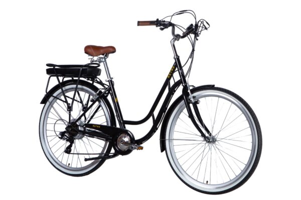 Bicicletă electrică retro neagră, stil clasic.