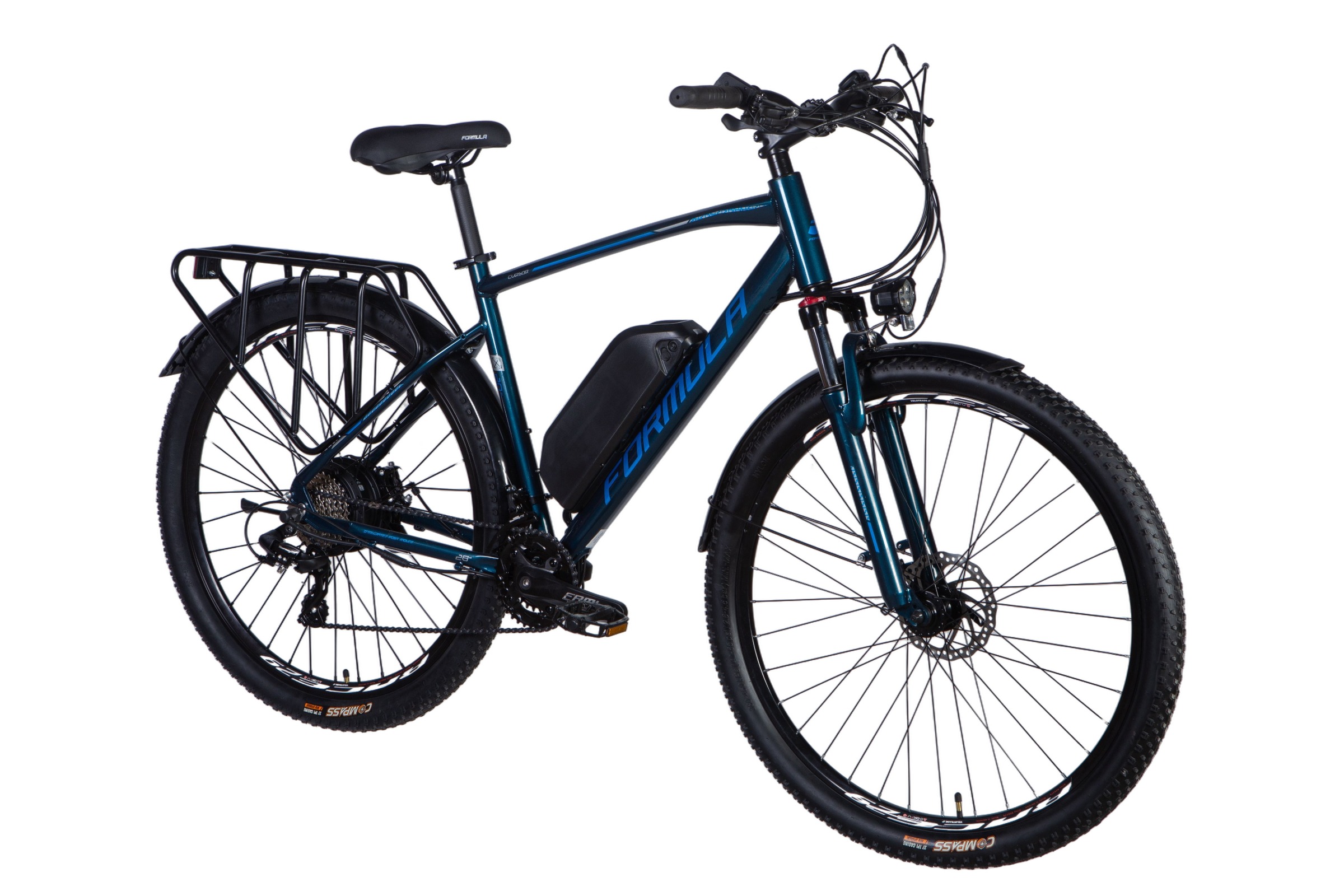 Bicicletă electrică albastră pentru oraș cu portbagaj.