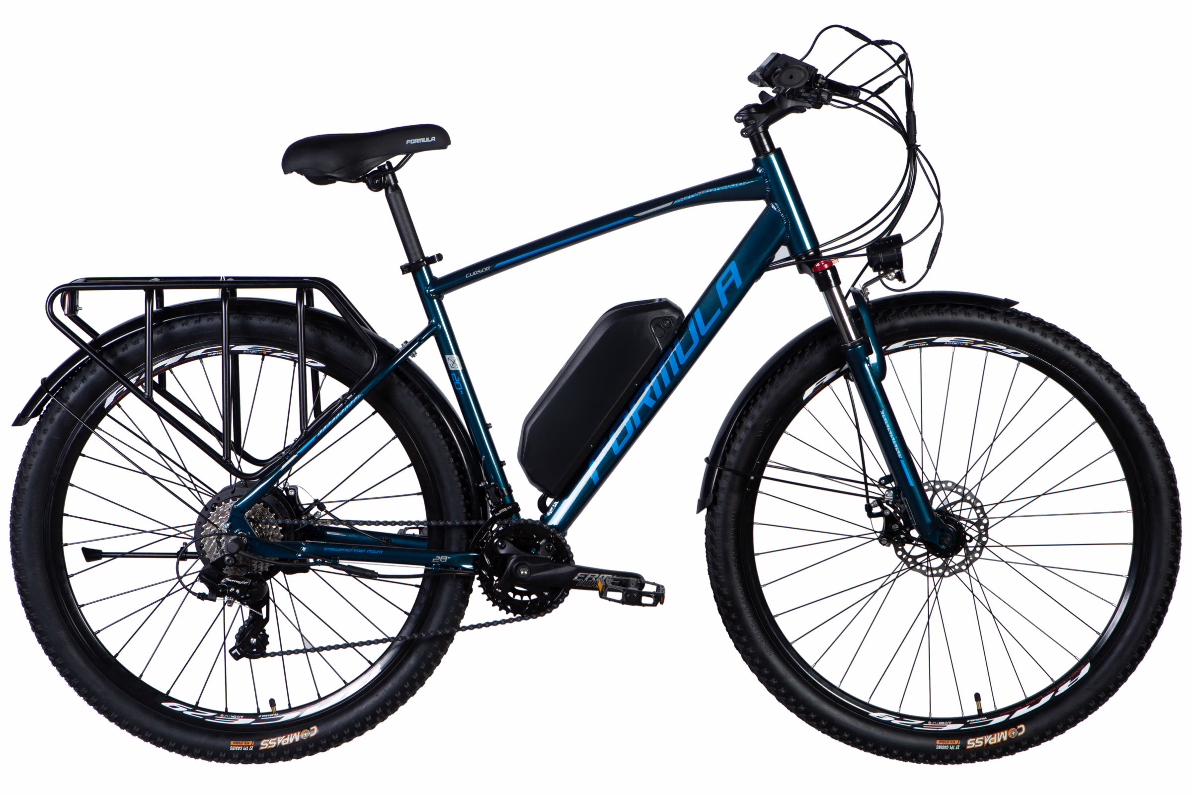 Bicicletă electrică albastră cu portbagaj spate