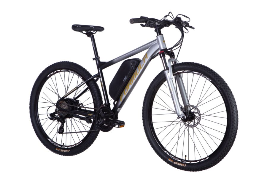 Bicicletă montană electrică cu cadru argintiu.