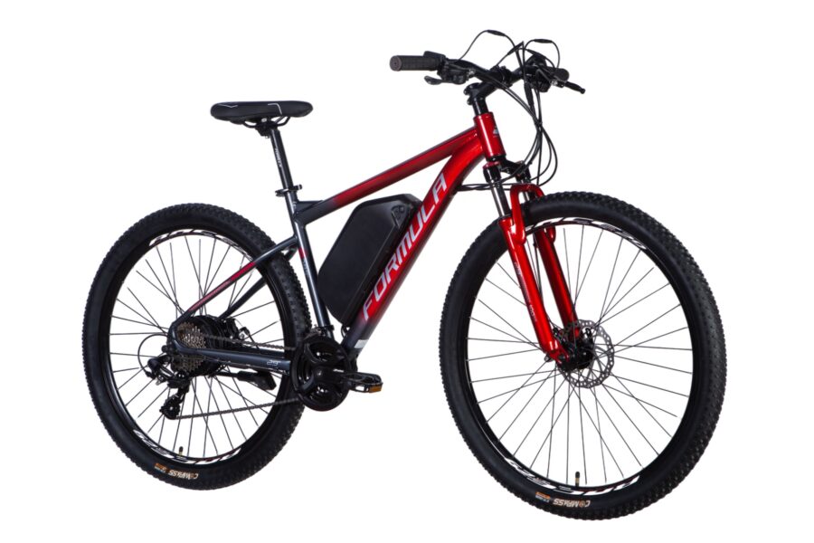 Bicicletă mountain bike roșie cu cadru robust.
