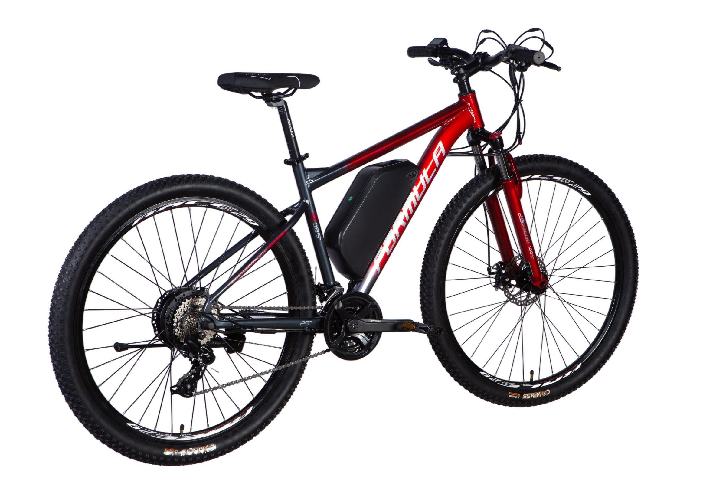 Bicicletă mountain bike roșie cu motor electric.