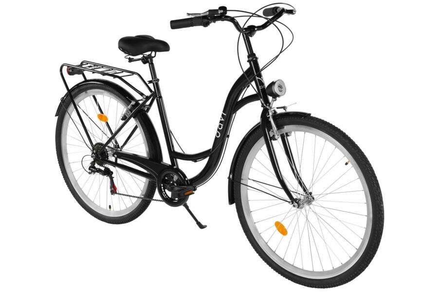 Bicicletă neagră cu portbagaj și far LED