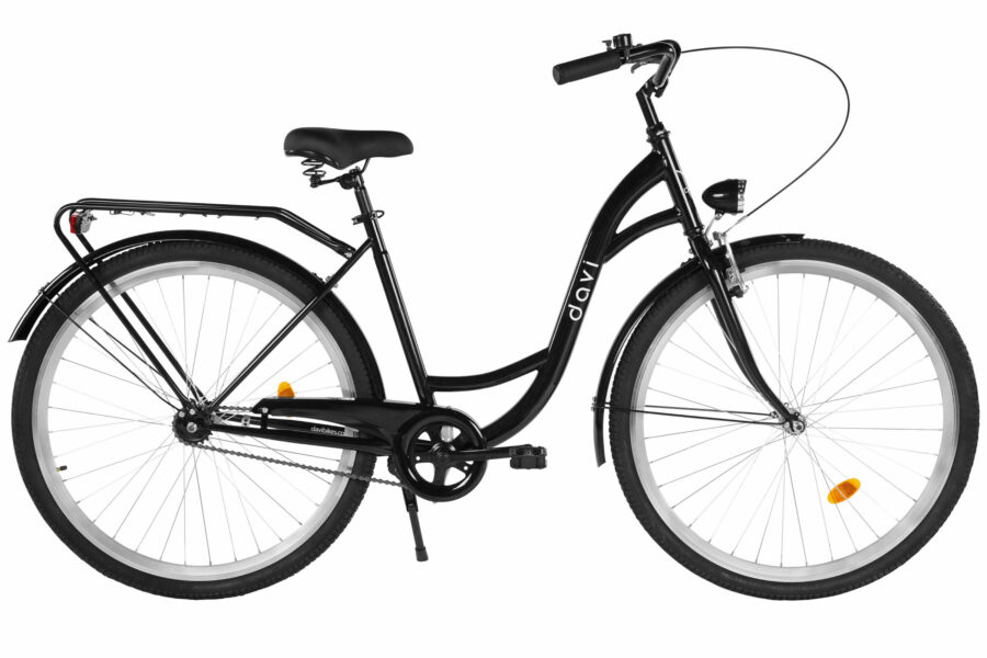 Bicicletă neagră cu cadru jos și coș portbagaj.