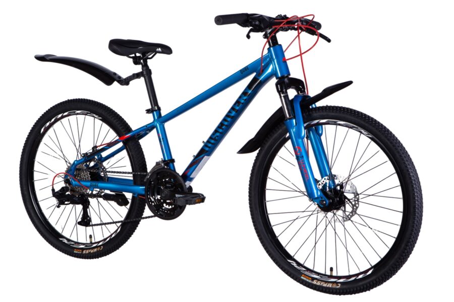 Bicicletă montană albastră, design modern și sportiv.