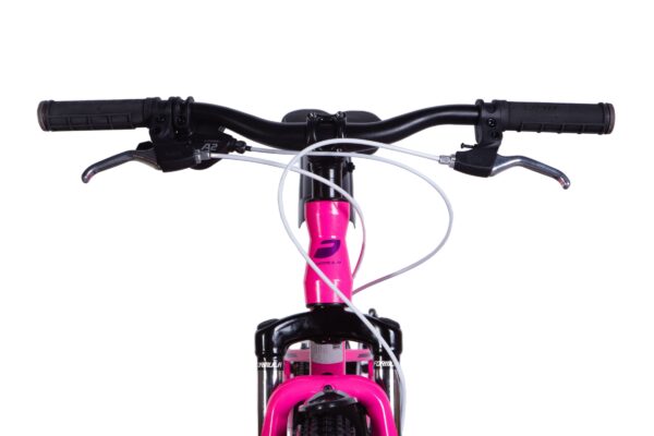 Ghidon bicicletă roz cu frâne pe disc.