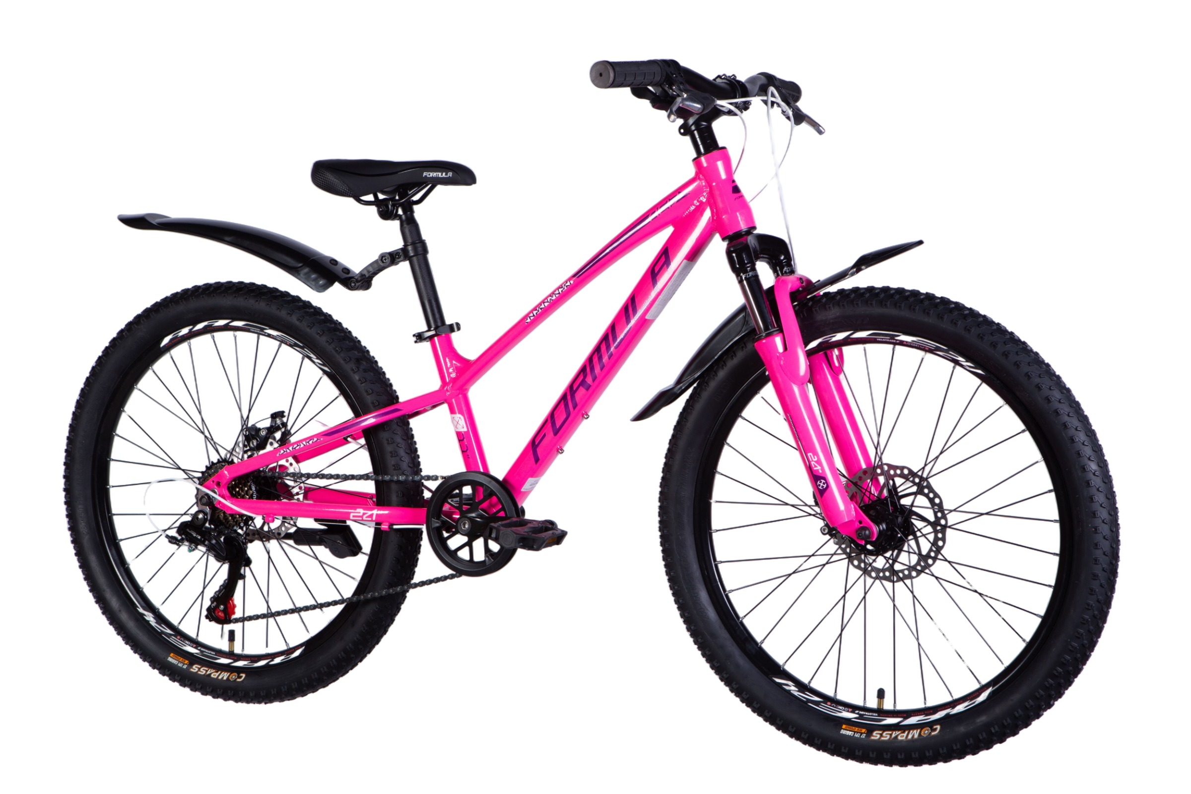 Bicicletă roz mountain bike cu cadru solid și anvelope mari.