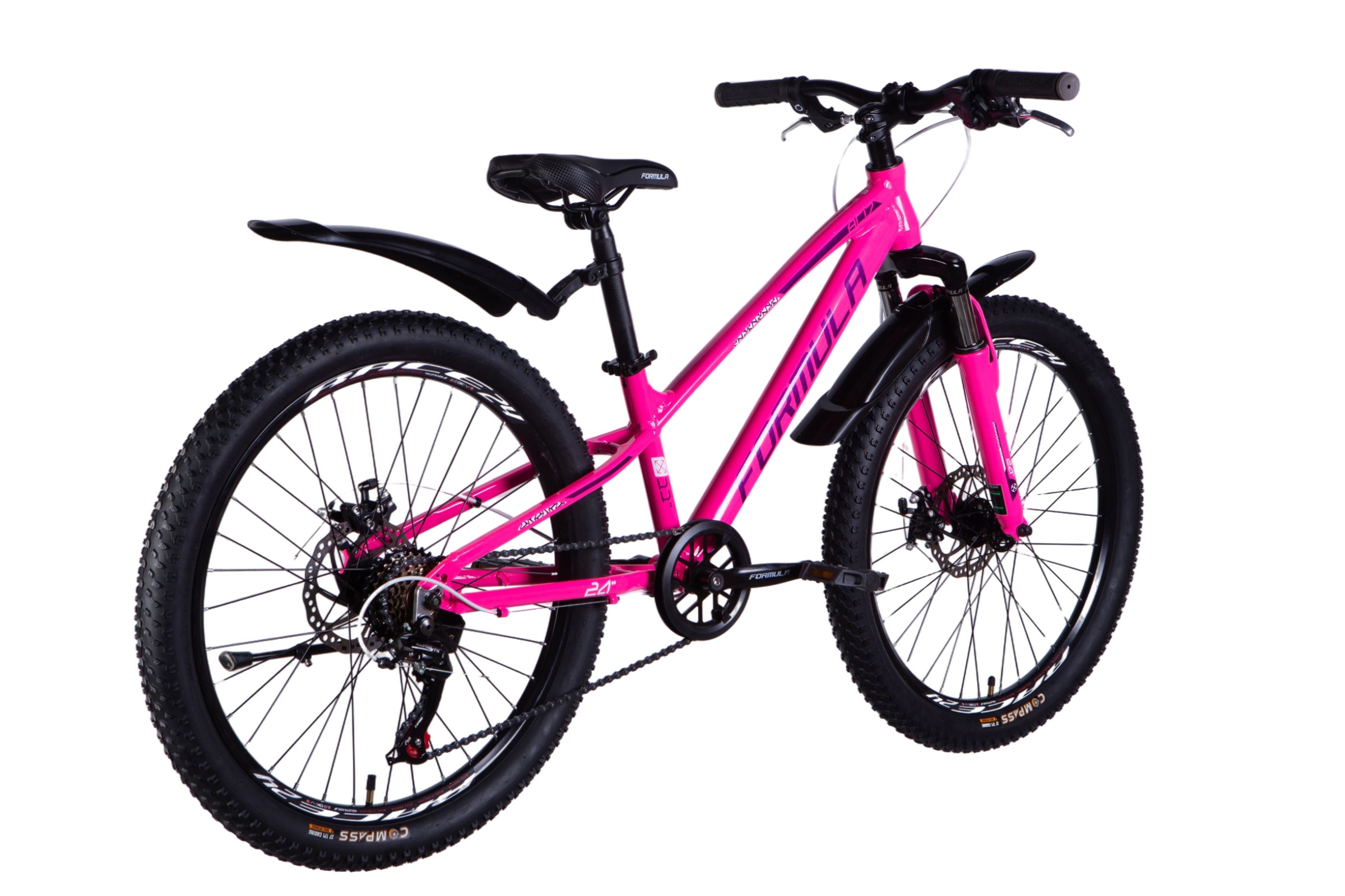 Bicicletă roz cu amortizoare și cauciucuri groase