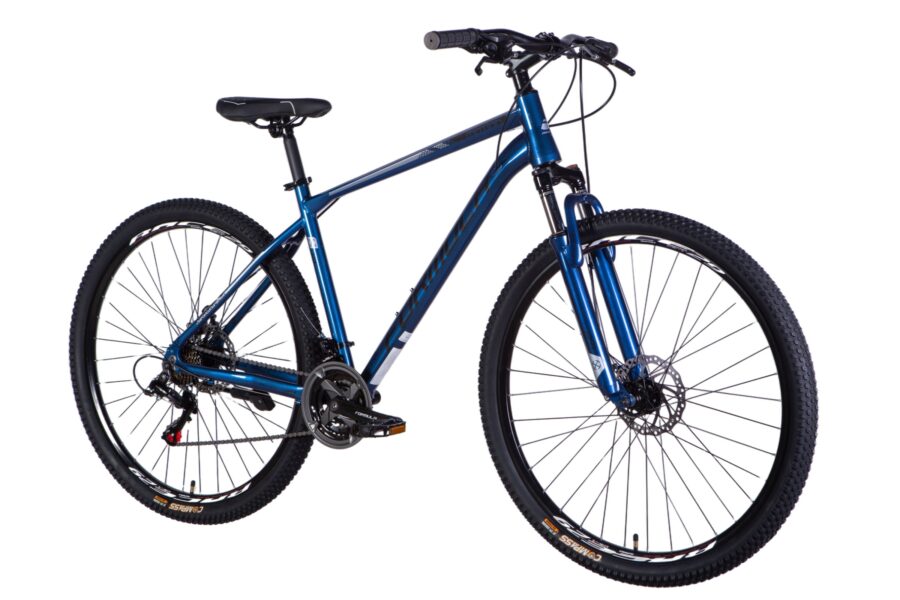 Bicicletă montană albastră, cu roți mari.