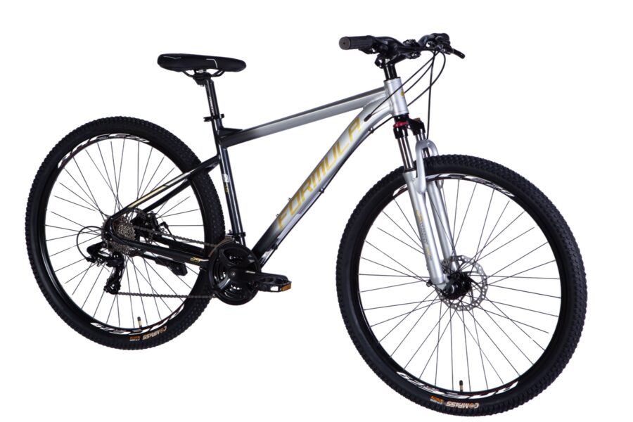 Bicicletă montană argintie pe fundal alb