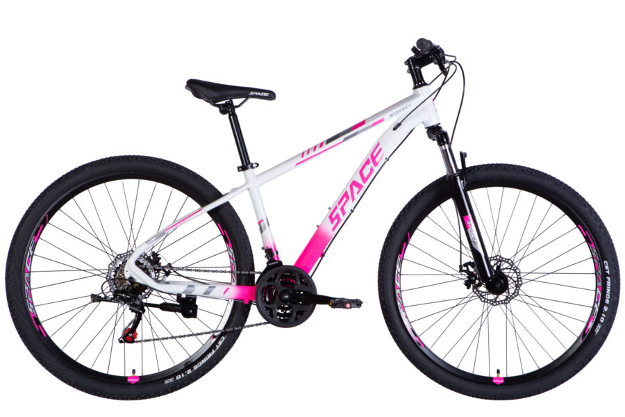 Bicicletă montană albă cu detalii roz.