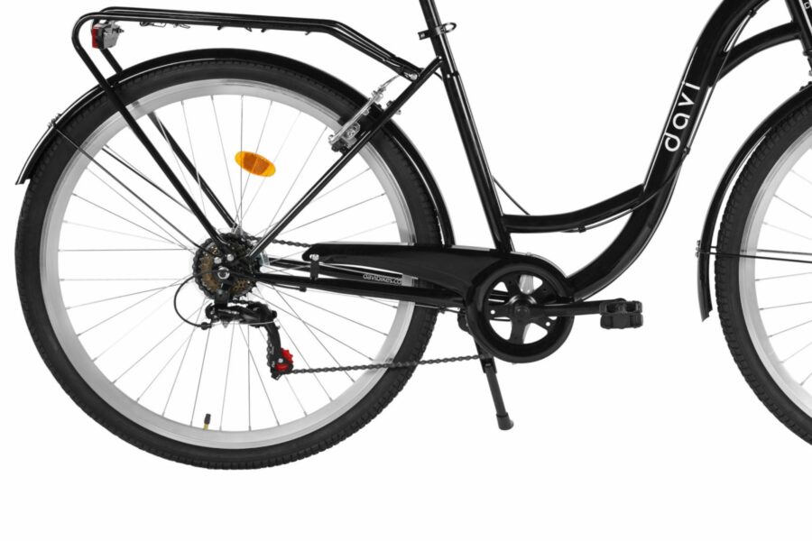 Bicicletă neagră cu roți mari și suport