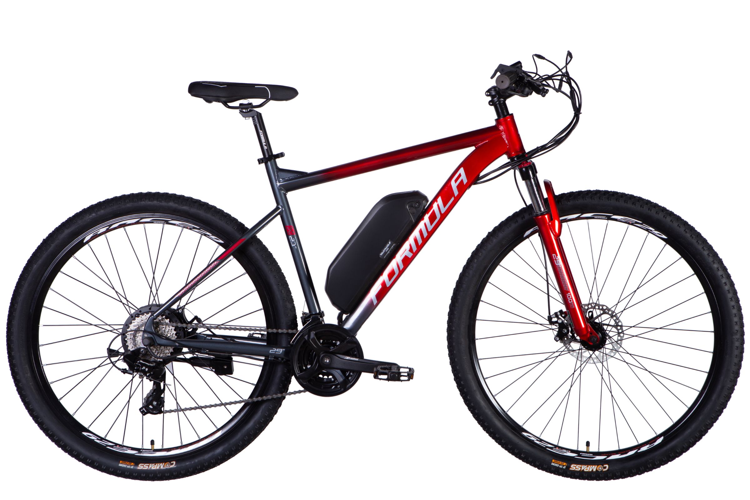 Bicicletă electrică roșie de oraș cu cadru robust