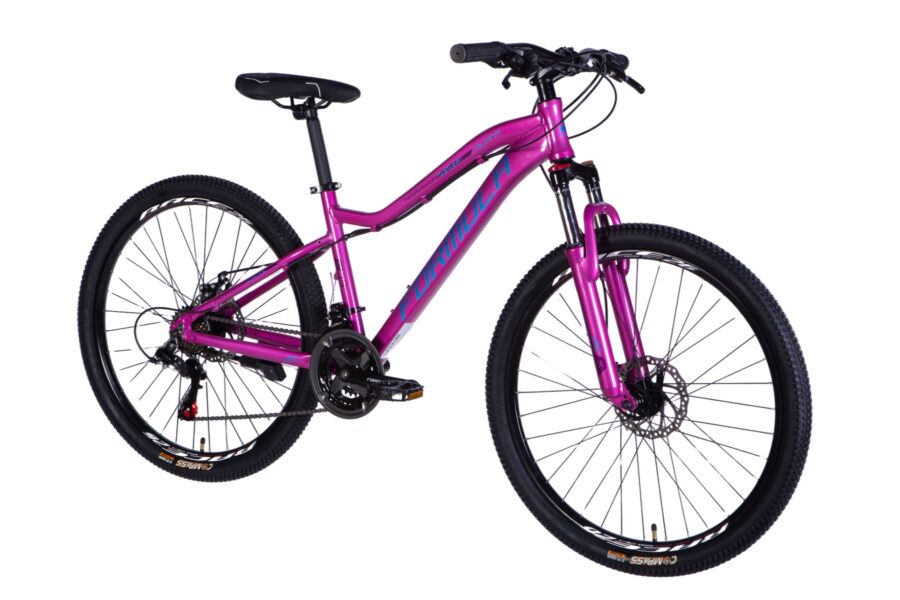 Bicicletă mountain bike roz, cu detalii negre.