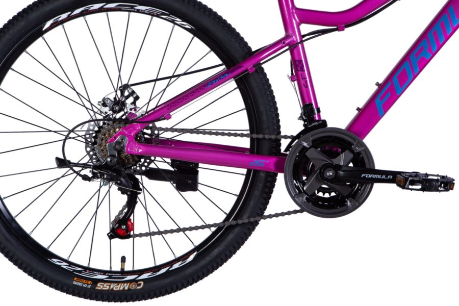 Bicicletă mountain bike roz cu componente detaliate