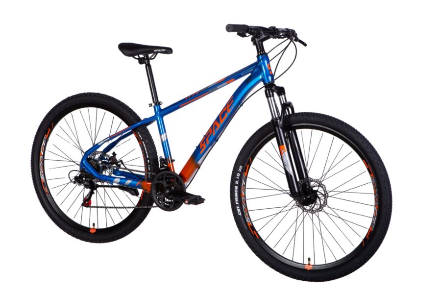 Bicicletă albastru-portocalie pentru munte cu suspensie față