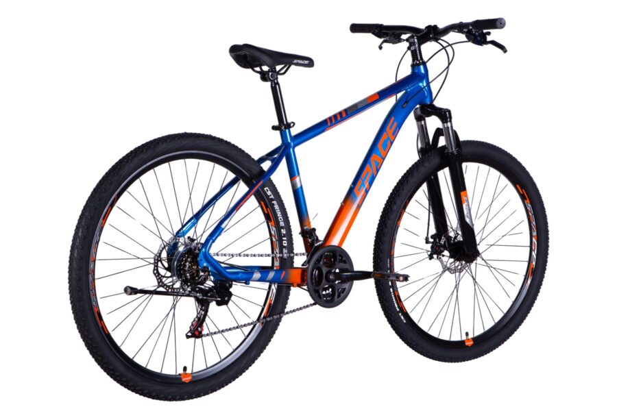 Bicicletă mountain bike albastră și portocalie.