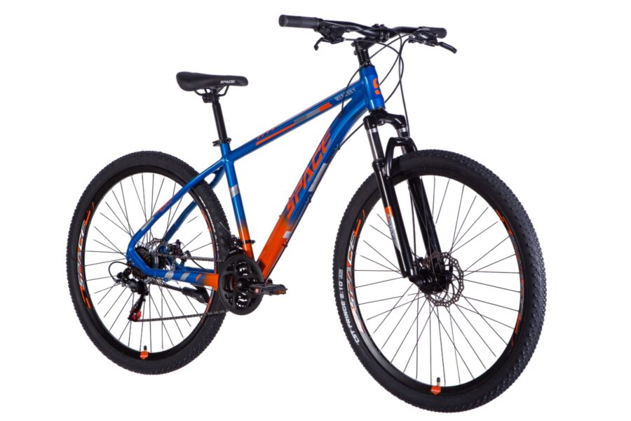 Bicicletă mountain bike albastră și portocalie