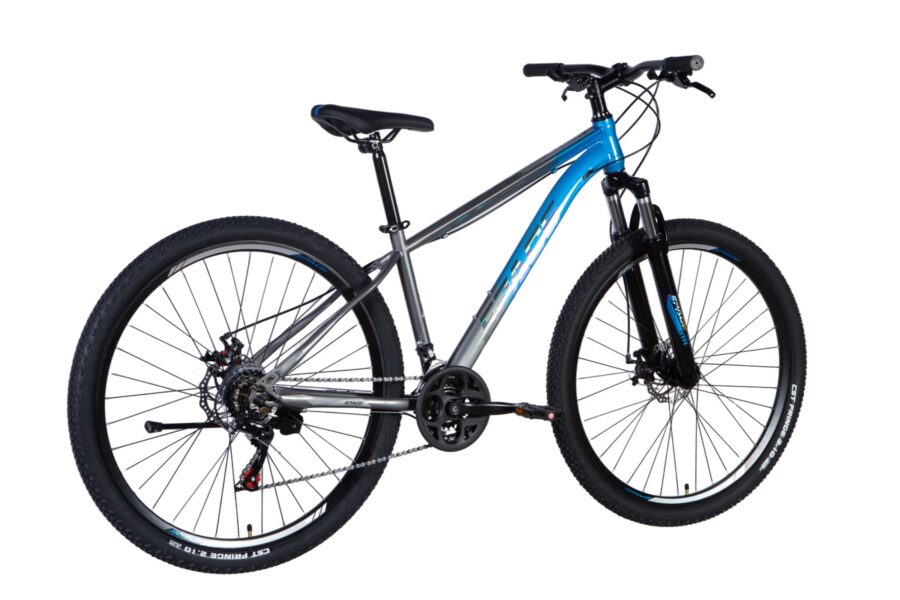 Bicicletă mountain bike modernă cu cadru gri și albastru