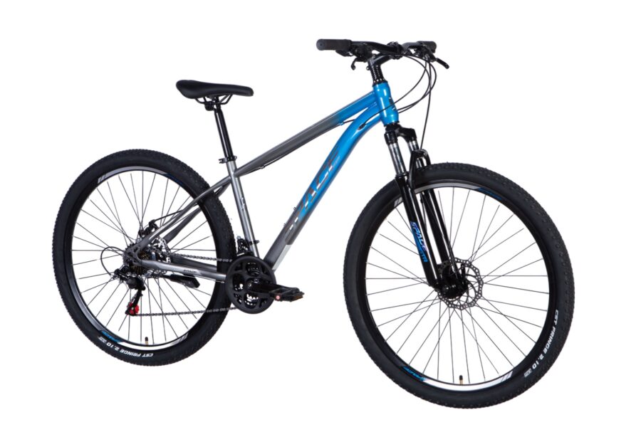 Bicicletă montană cu cadru gri și albastru.