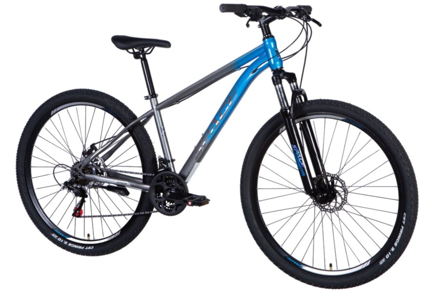 Bicicletă mountain bike cu cadru albastru și gri.