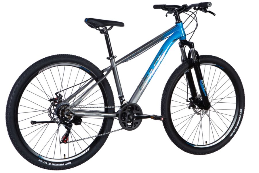 Bicicletă modernă cu cadru argintiu și detalii albastre.