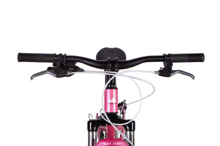 Mâner de bicicletă roz cu cabluri albe.