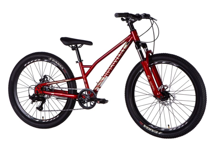 Bicicletă roșie de munte cu cadru rezistent.