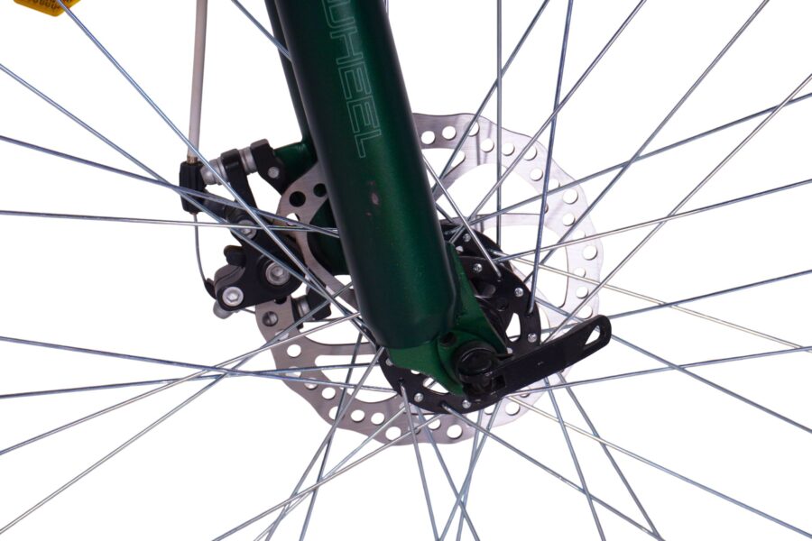 Roata unei biciclete cu frână pe disc.