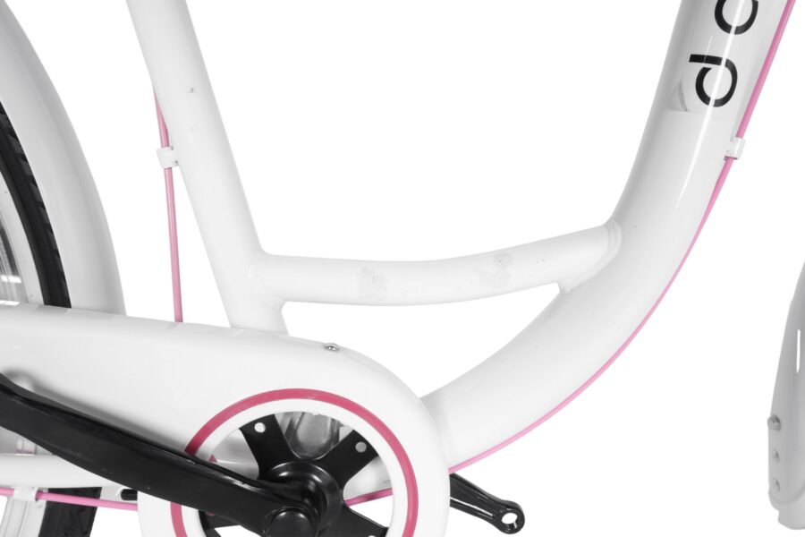 Detaliu cadru bicicletă albă cu accente roz