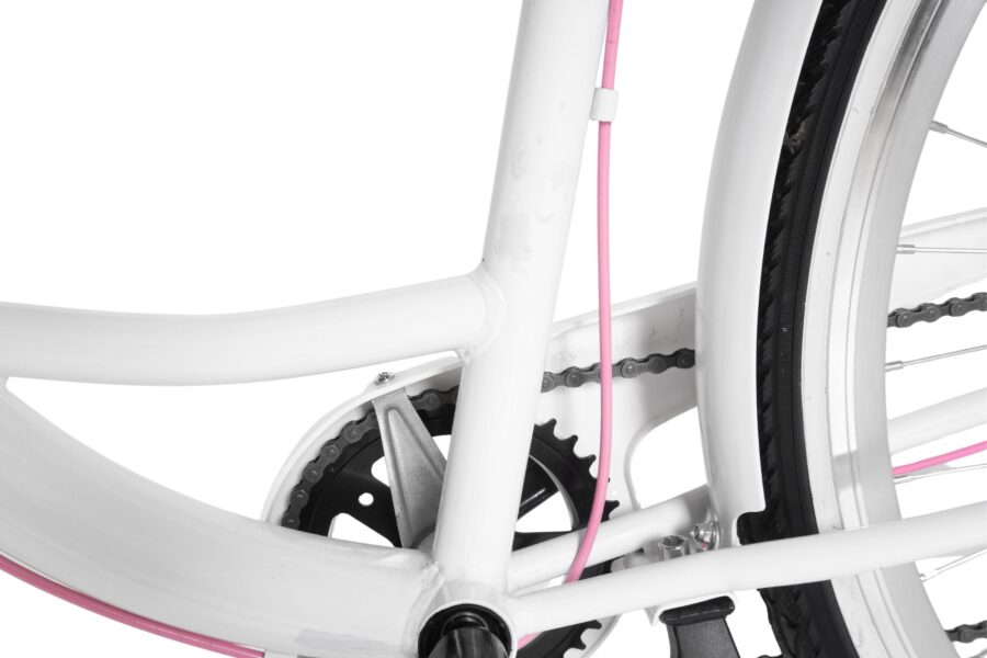 Detaliu cadru de bicicletă albă cu elemente roz.