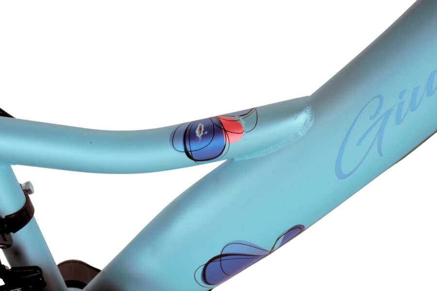 Cadru de bicicletă albastru cu design colorat.