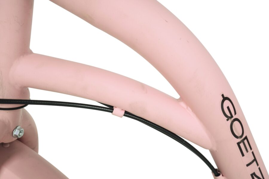 Cadru de bicicletă roz, detaliu de construcție.