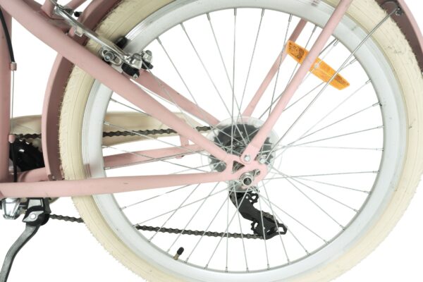 Roată bicicletă roz cu spițe, cauciuc alb.