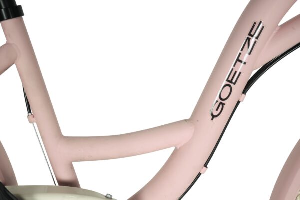 Cadru bicicletă roz cu detalii elegante.