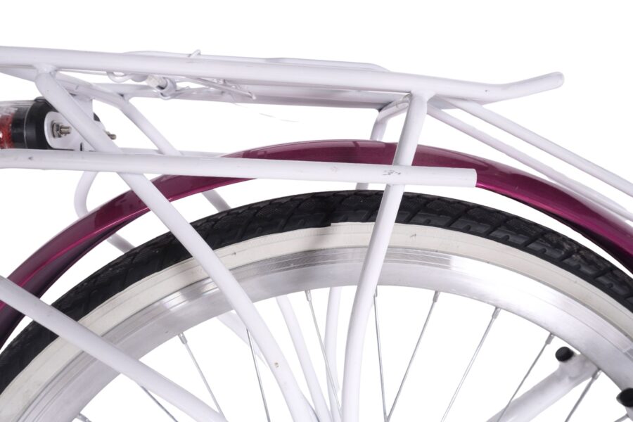 Detaliu bicicletă cu roată și cadru alb