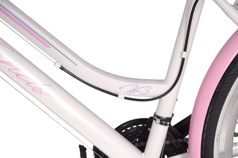 Cadru bicicleta alb cu detalii roz.