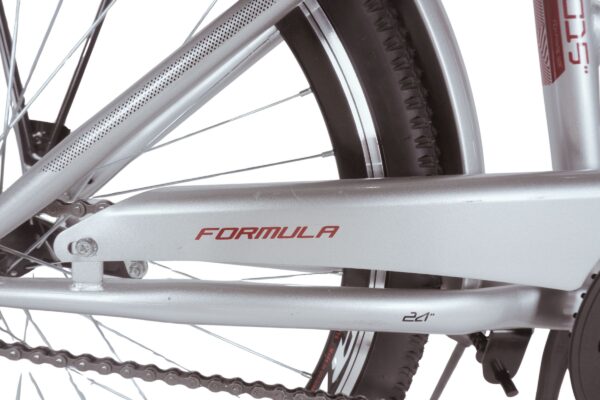 Cadru argintiu bicicletă inscripționat Formula și roata spate.