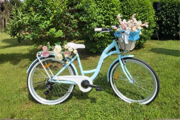 Bicicletă albastră cu flori în coș, în grădină.