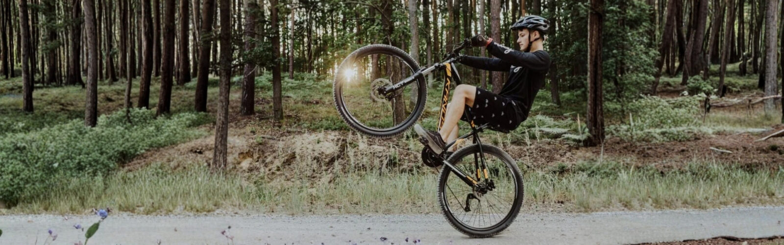 Biciclist făcând un truc în pădure