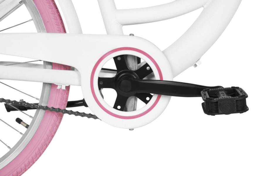 Detaliu pedală bicicletă albă cu roată roz.